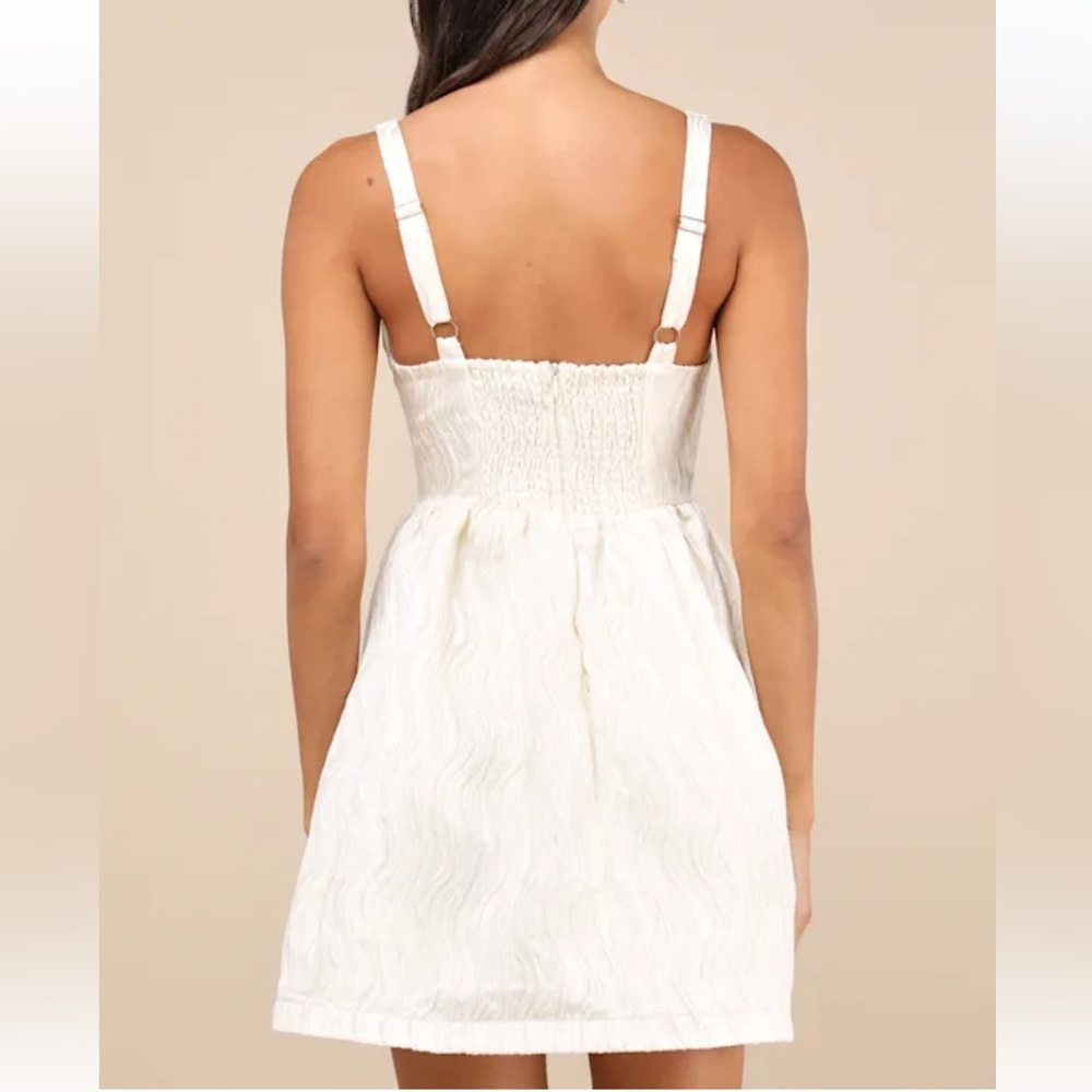 Lulus Charmingly Precious Pleated Textured Bustier Mini Dress Cream Medium - Picture 3 of 6